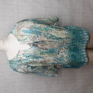 Chico's Paisley Multi Media Print Split Neck Short Sleeve Blouse